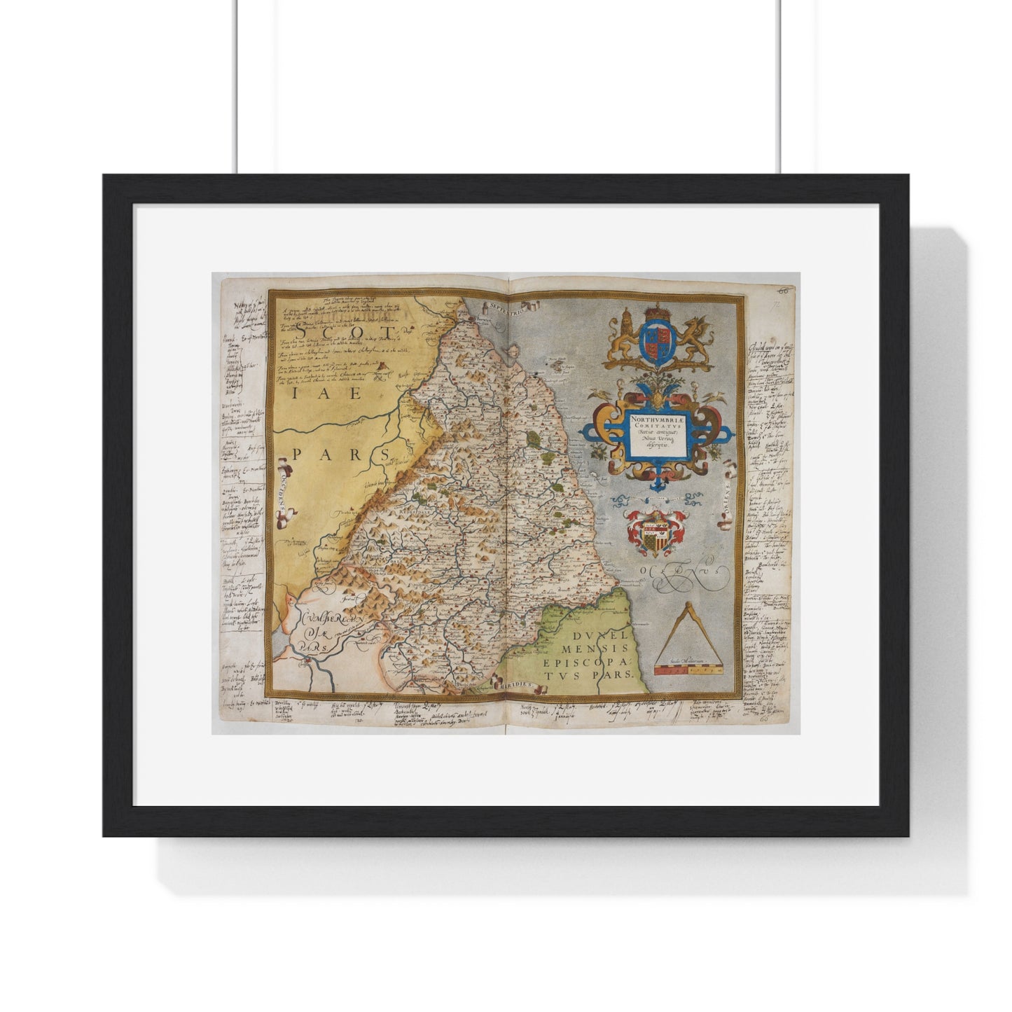 Tudor Antique Map of Northumberland from Lord Burghley's Atlas (1579) from the Original, Framed Print