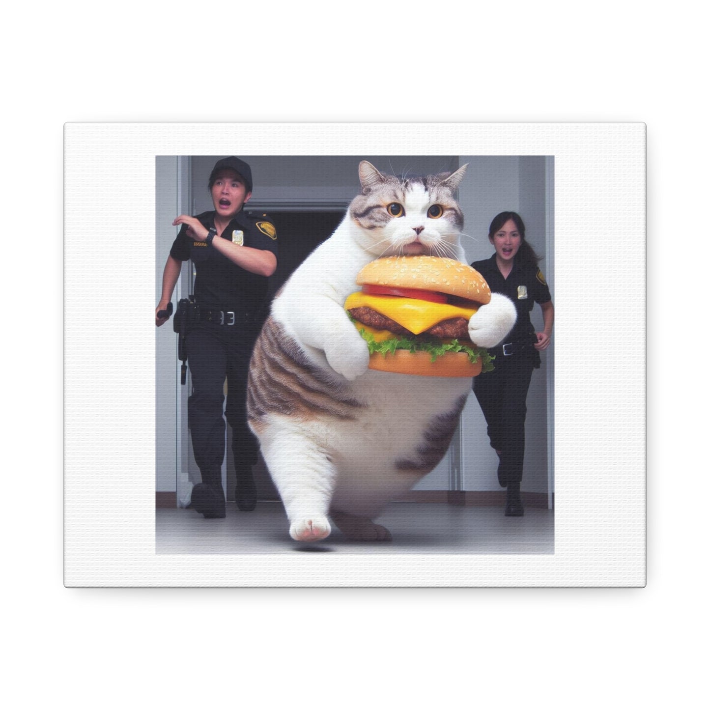 Cat Stealing Cheese Burgers Followed By Its Swift Arrest 'Designed by AI' Art Print on Canvas