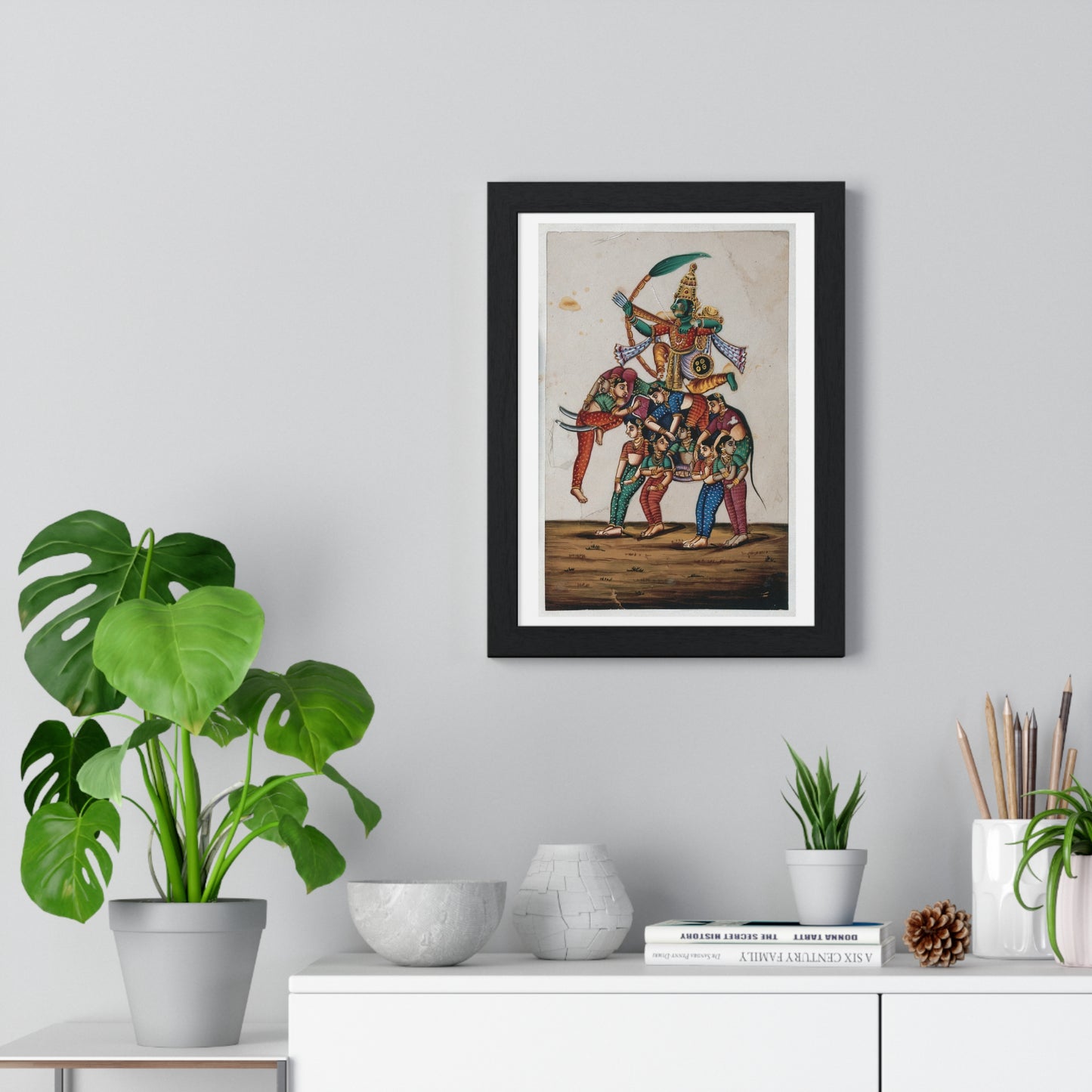 19th Century Indian Art, Hindu God of Love, Shooting Arrows with his Bow while Sitting on a Elephant Composed of Women, Framed Print
