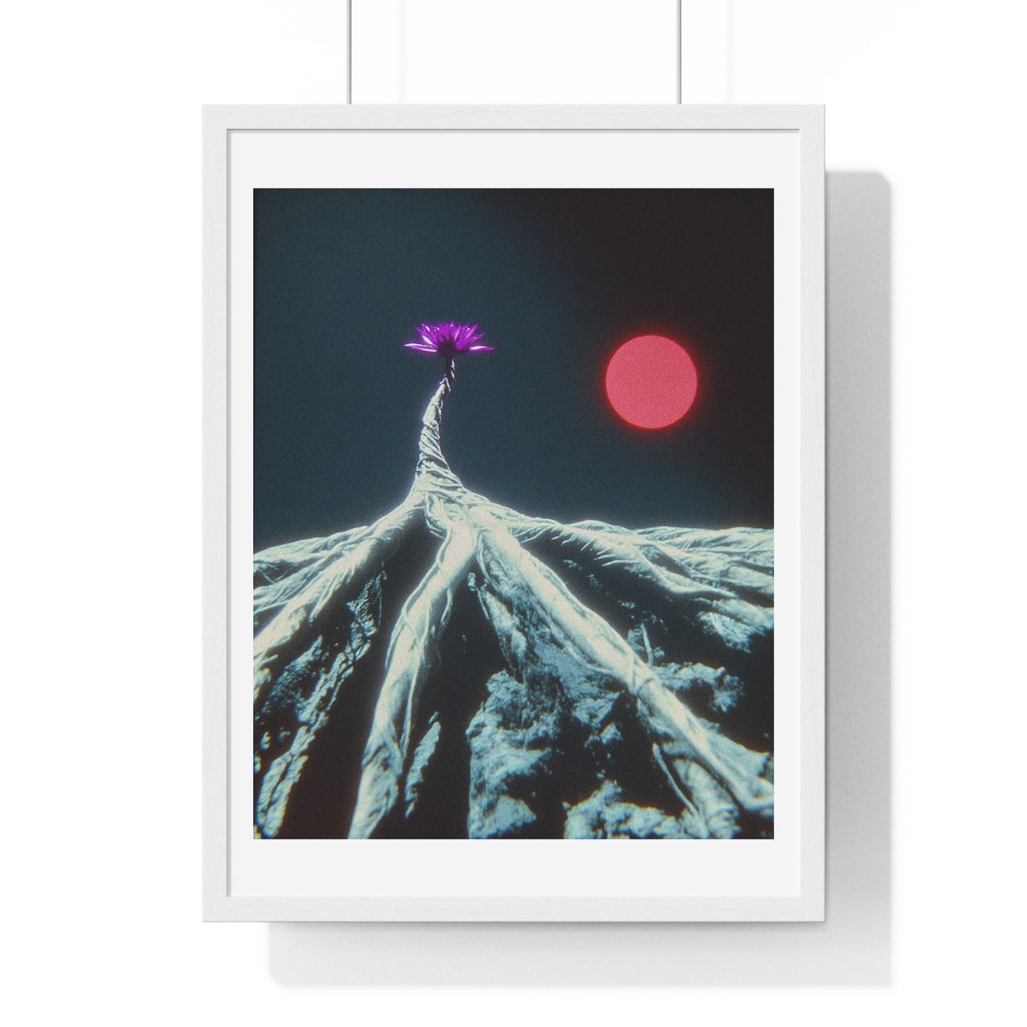 One Purple Flower Growing From Frozen Tundra Against a Red Sun 'Designed by AI' Framed Art Print