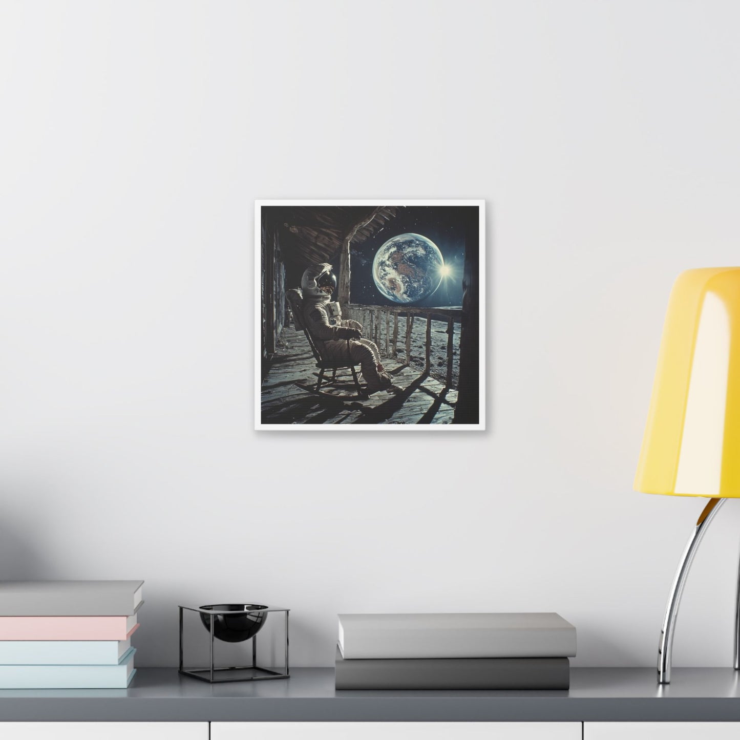 Astronaut on the Moon Sitting in a Rocking Chair on the Porch of a Farmhouse, Photorealism 'Designed by AI' Canvas Art Print