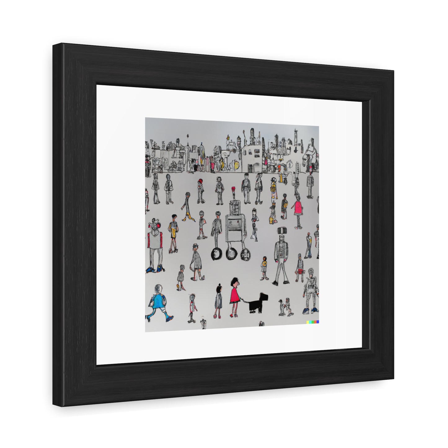 Robots et humains dans le style de Lowry 'Designed by AI' Poster encadré en bois en papier mat classique