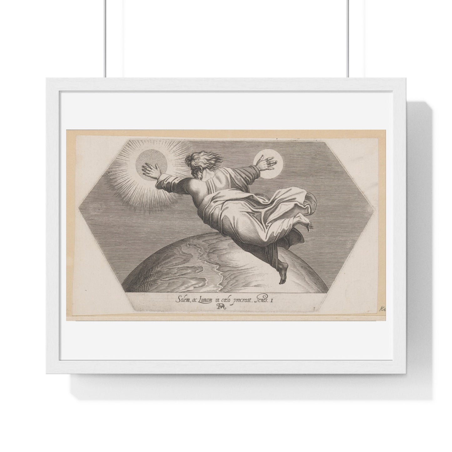 God Schept de Zon en de Maan (1626) by Francesco Villamena and Rafaël, from the Original, Framed Art Print