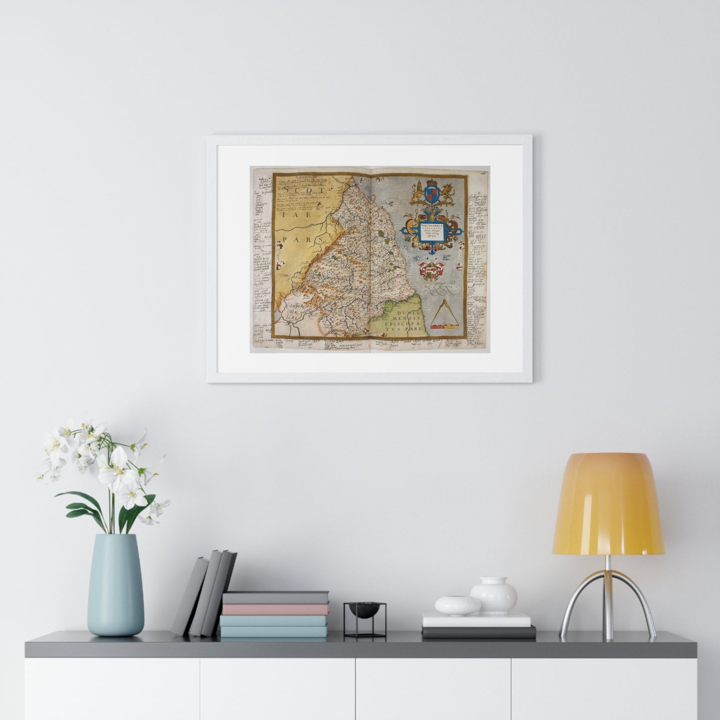 Tudor Antique Map of Northumberland from Lord Burghley's Atlas (1579) from the Original, Framed Print