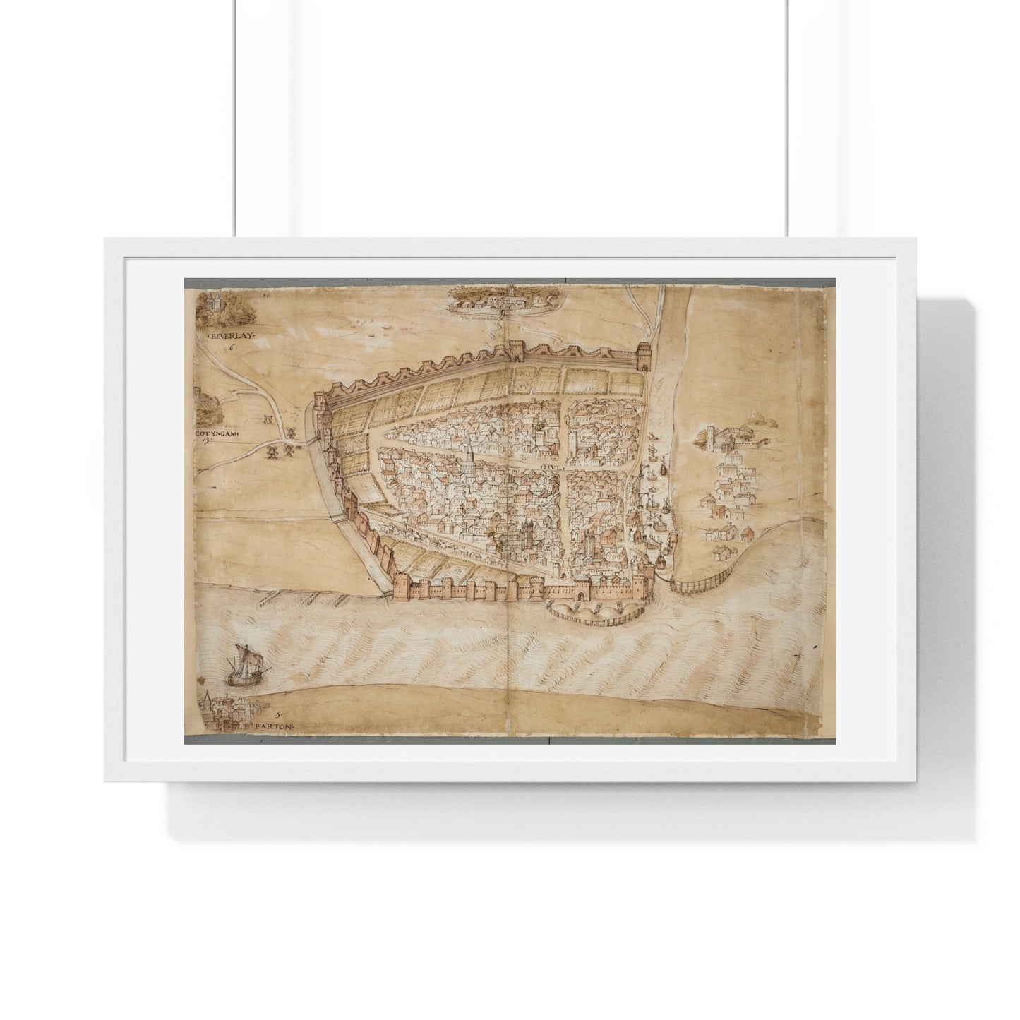 Antique Map of the City of Hull (circa 1539) from the Original Manuscript, Framed Print