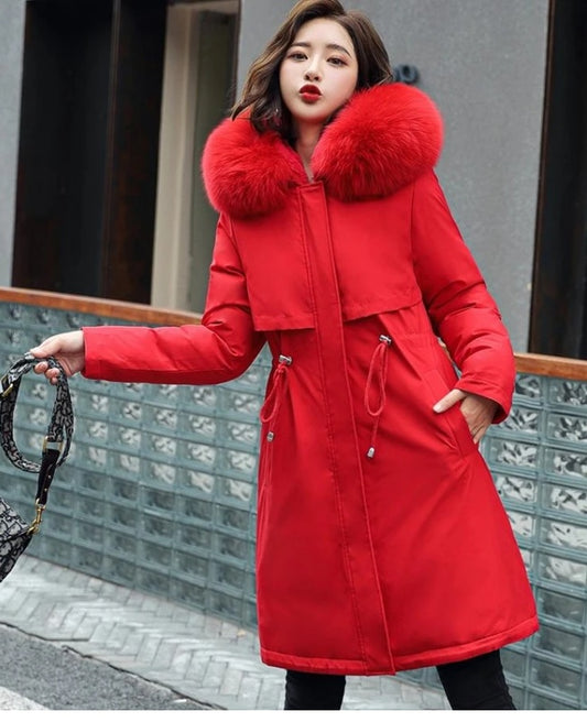 Women's Big Faux Fur Feature-Collar Padded Raincoat