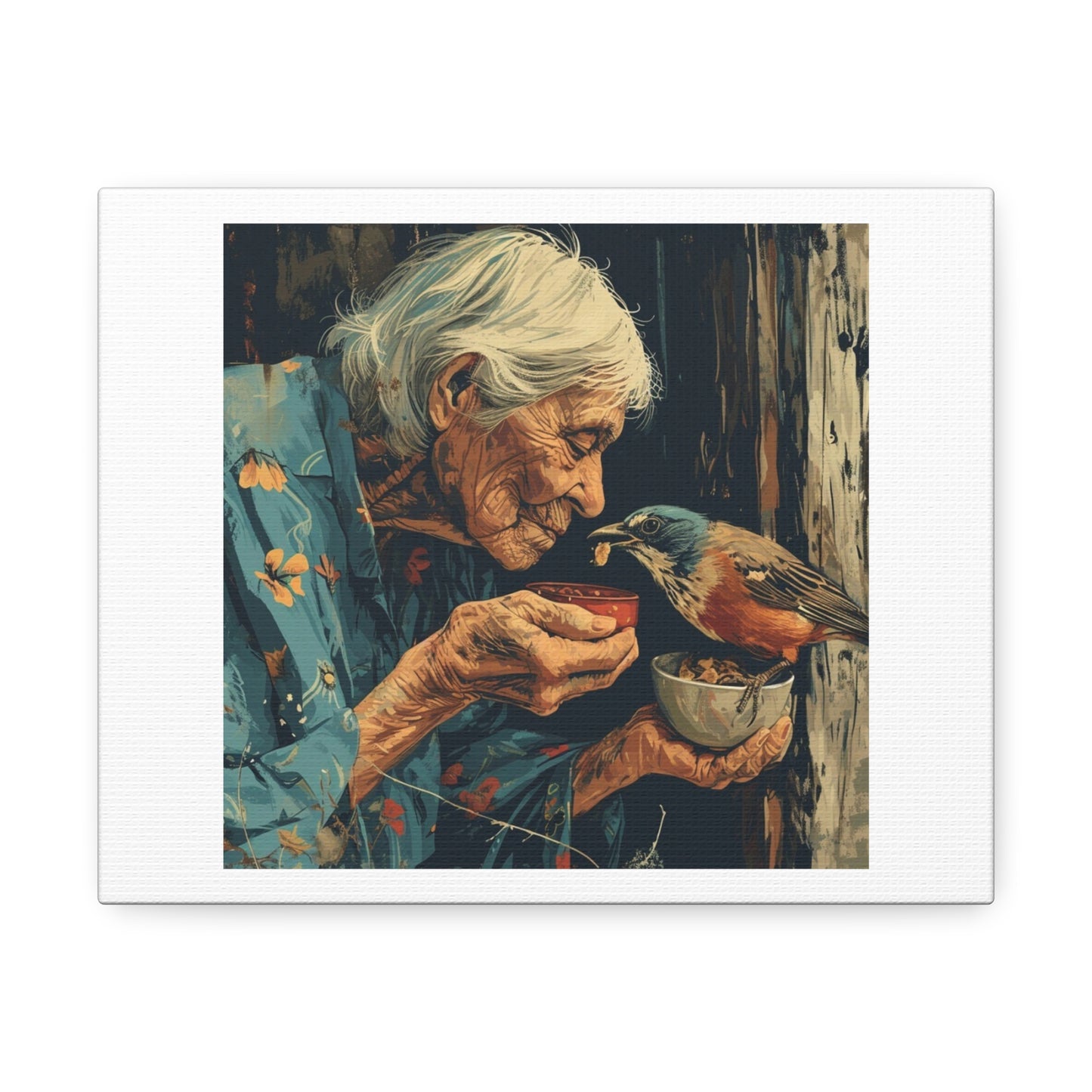 Old Woman and Eastern Bluebird Acrylic Art Print 'Designed by AI' on Satin Canvas