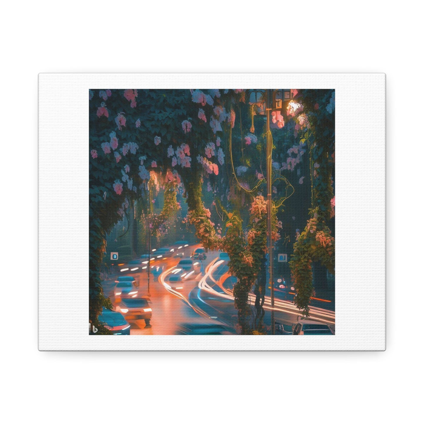 Flowering Vines Entangling a Bustling City With Streetlights and Cars 'Designed by AI' Print on Satin Canvas