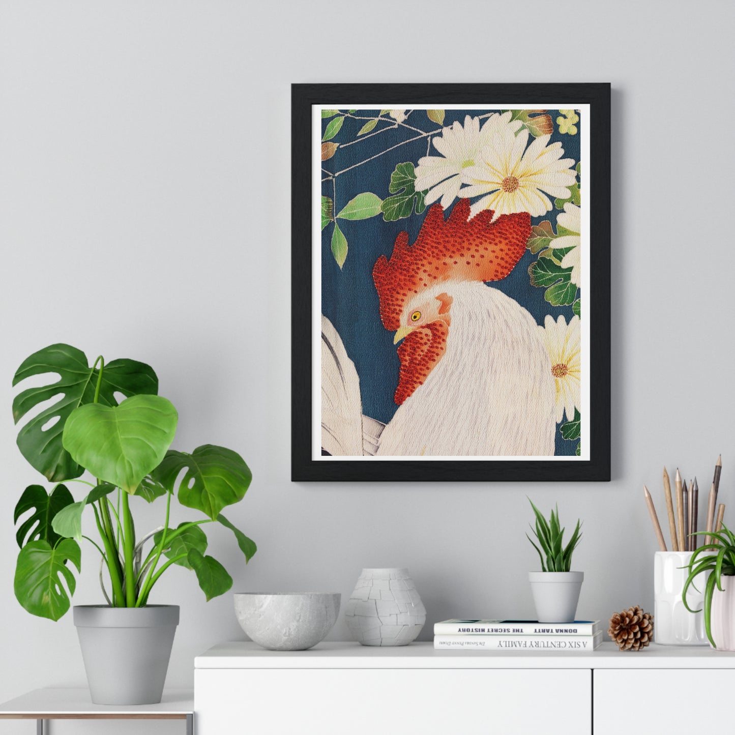 Rooster Pattern on Kimono Fabric, from the Original, Framed Art Print