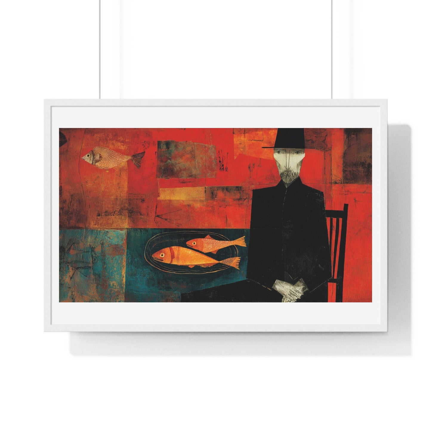 The Man and the Golden Fish in the Style of Modigliani 'Designed by AI' Framed Art Print