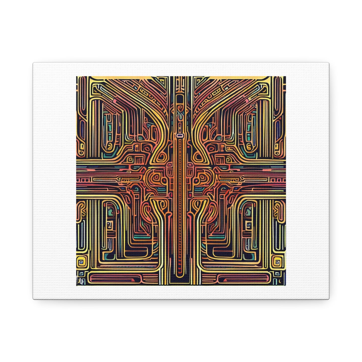 Illustrated Gaelic City Folk Art Symmetrical Dystopia 'Designed by AI' Print on Satin Canvas