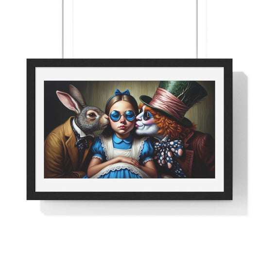 In Wonderland’s Soft Lantern Glow, Alice Receives a Kiss from Rabbit and Hatter 'Designed by AI' Framed Art Print