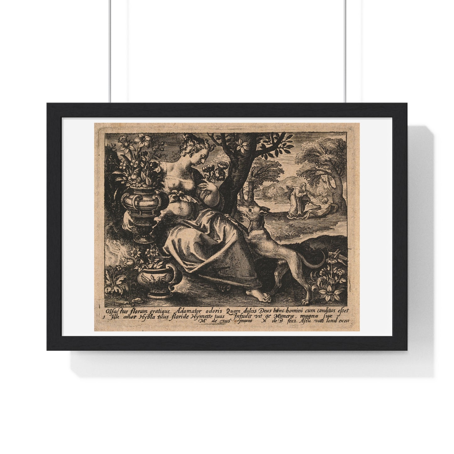 Woman in a Garden with Flowers, God Blows Spirit into Adam's Body, Reproduction Flemish Engraving, Framed Art Print