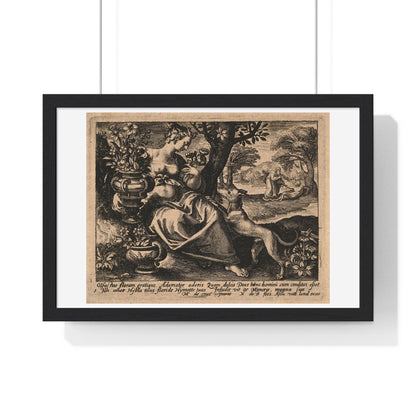 Woman in a Garden with Flowers, God Blows Spirit into Adam's Body, Reproduction Flemish Engraving, Framed Art Print