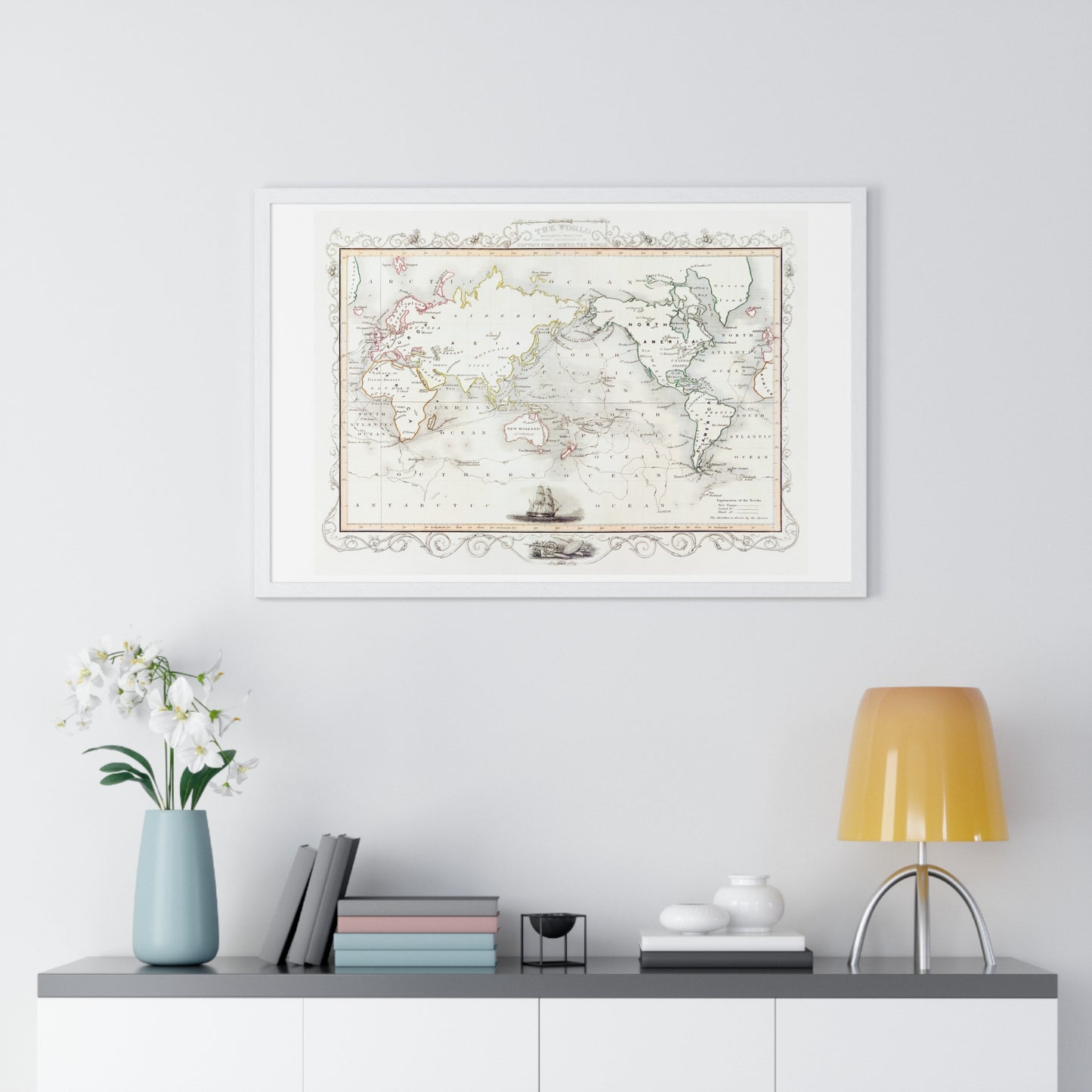 Vintage Map, the Voyages of Captain James Cook (1852) by James Cook, from the Original, Framed Print