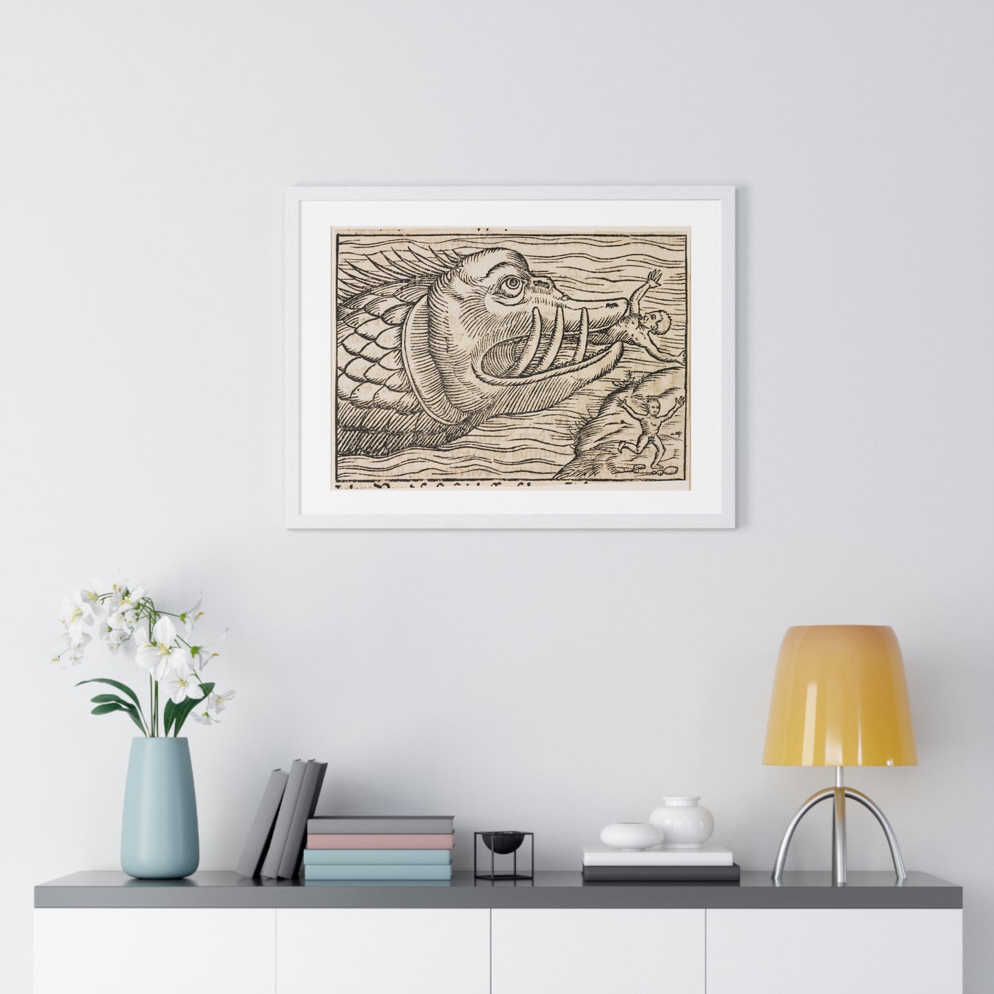 Jonah and the Whale 16th Century Print from the Original, Framed Art Print