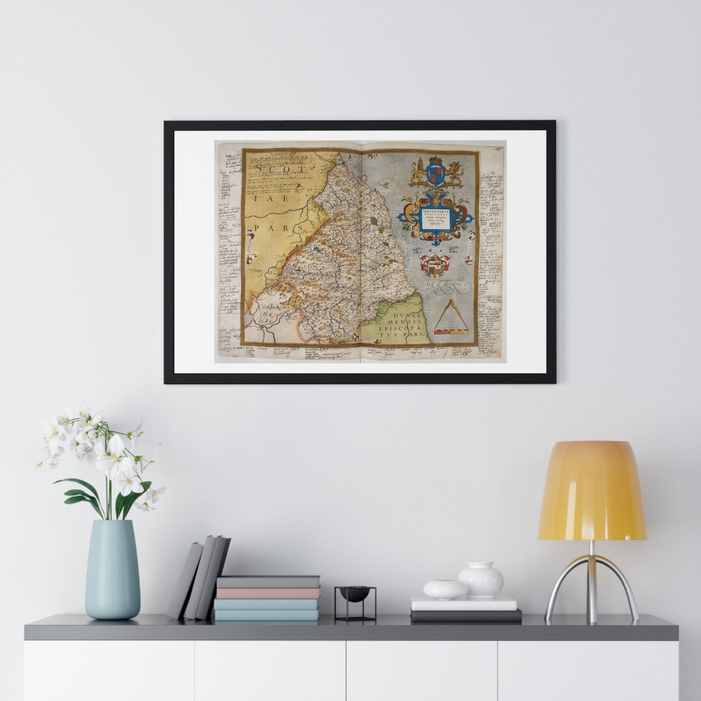 Tudor Antique Map of Northumberland from Lord Burghley's Atlas (1579) from the Original, Framed Print