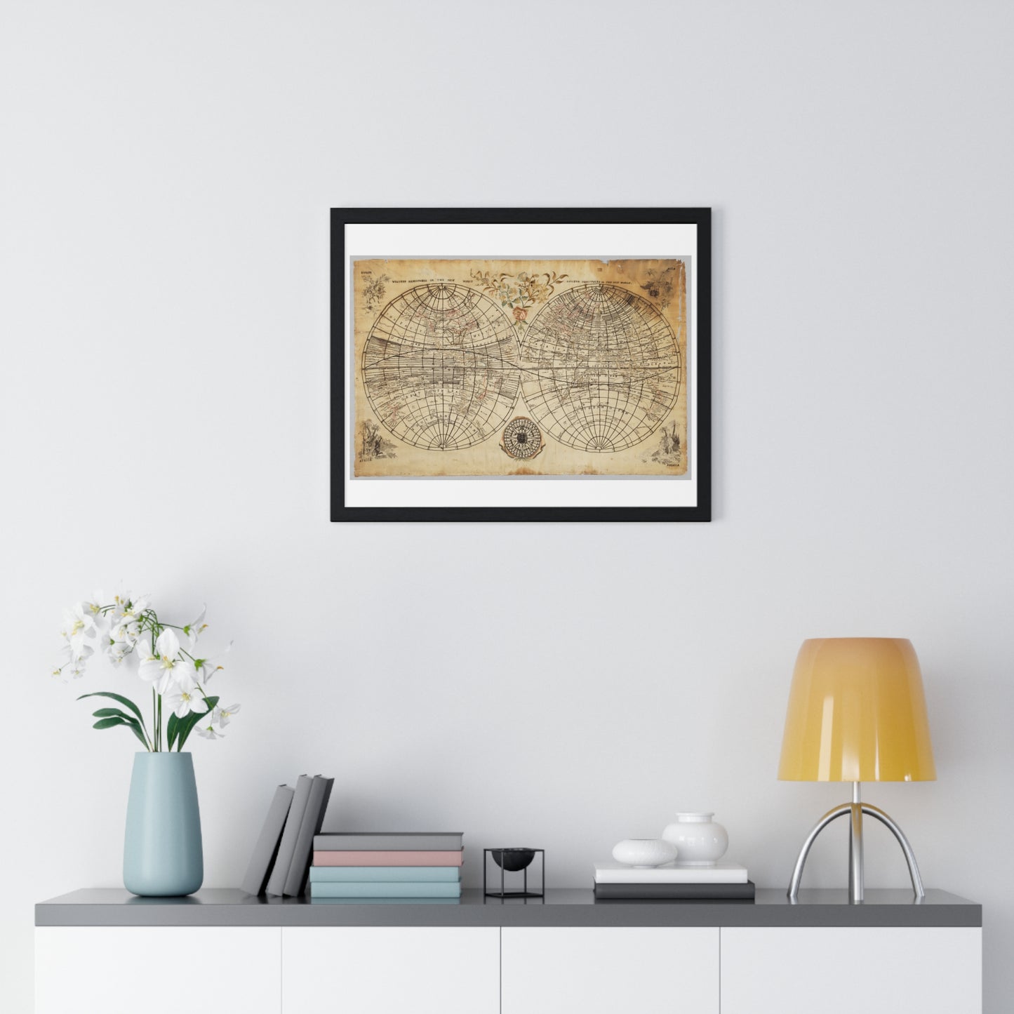 Antique Textile World Map Sampler (1790s) from the Original, Framed Print