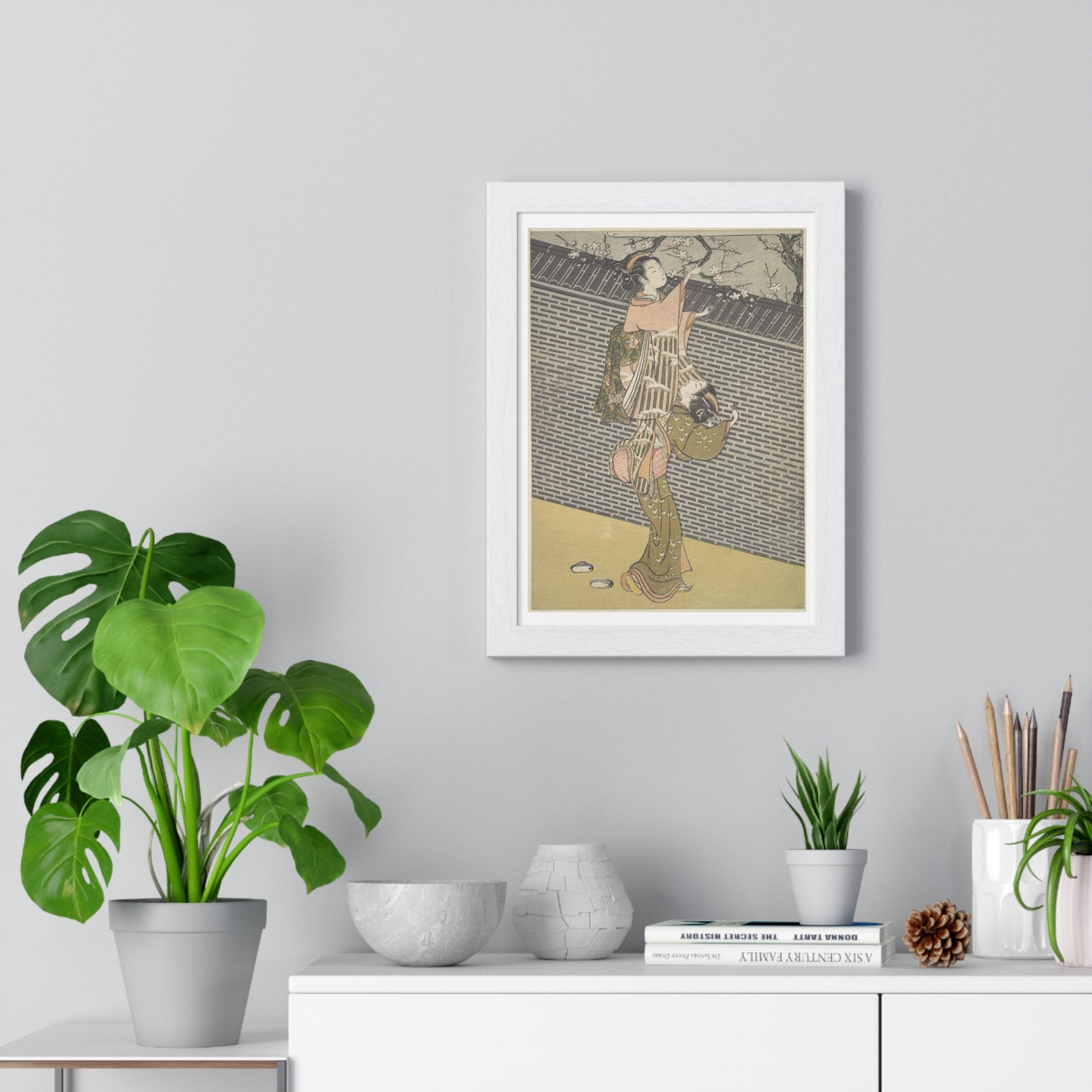 Plucking a Branch from a Neighbour's Plum Tree (1768) Japanese Illustration by Suzuki Harunobu, from the Original, Framed Print