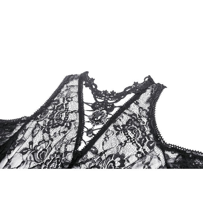 Dark in Love Carys Black Gothic Asymmetrical Lace Off-Shoulder Dress with Rhinestone Detail