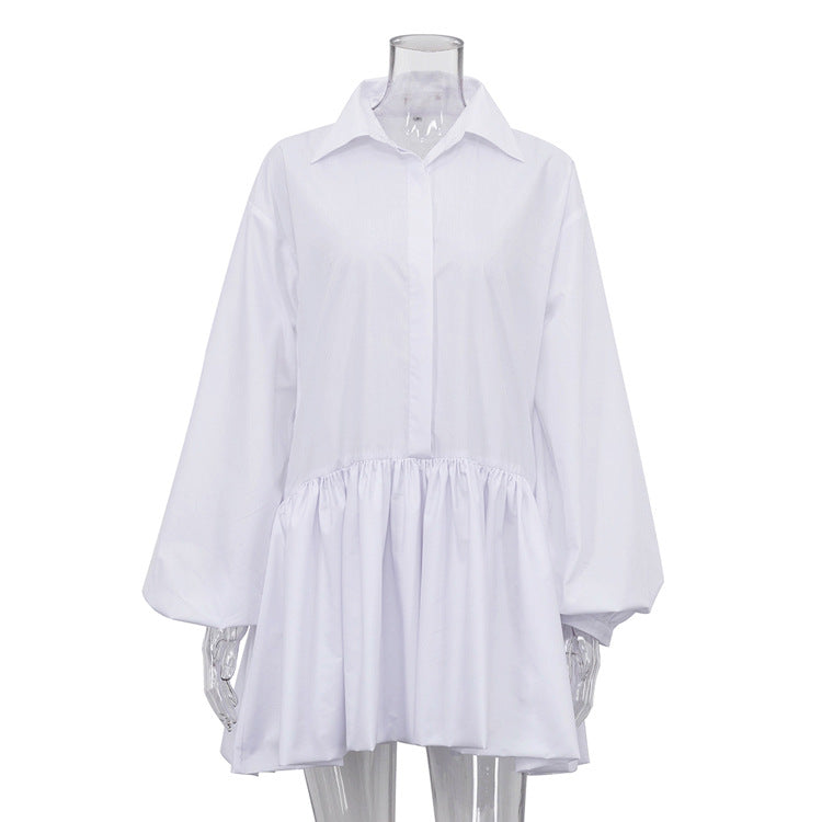 Vireous Women's White Puff Sleeve Shirt Dress