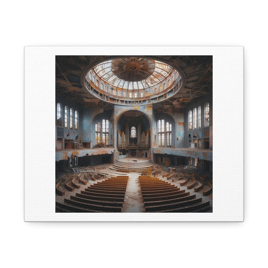 Huge Masonic Hall is Dilapidated and Falling Down III, Art Print 'Designed by AI' on Satin Canvas