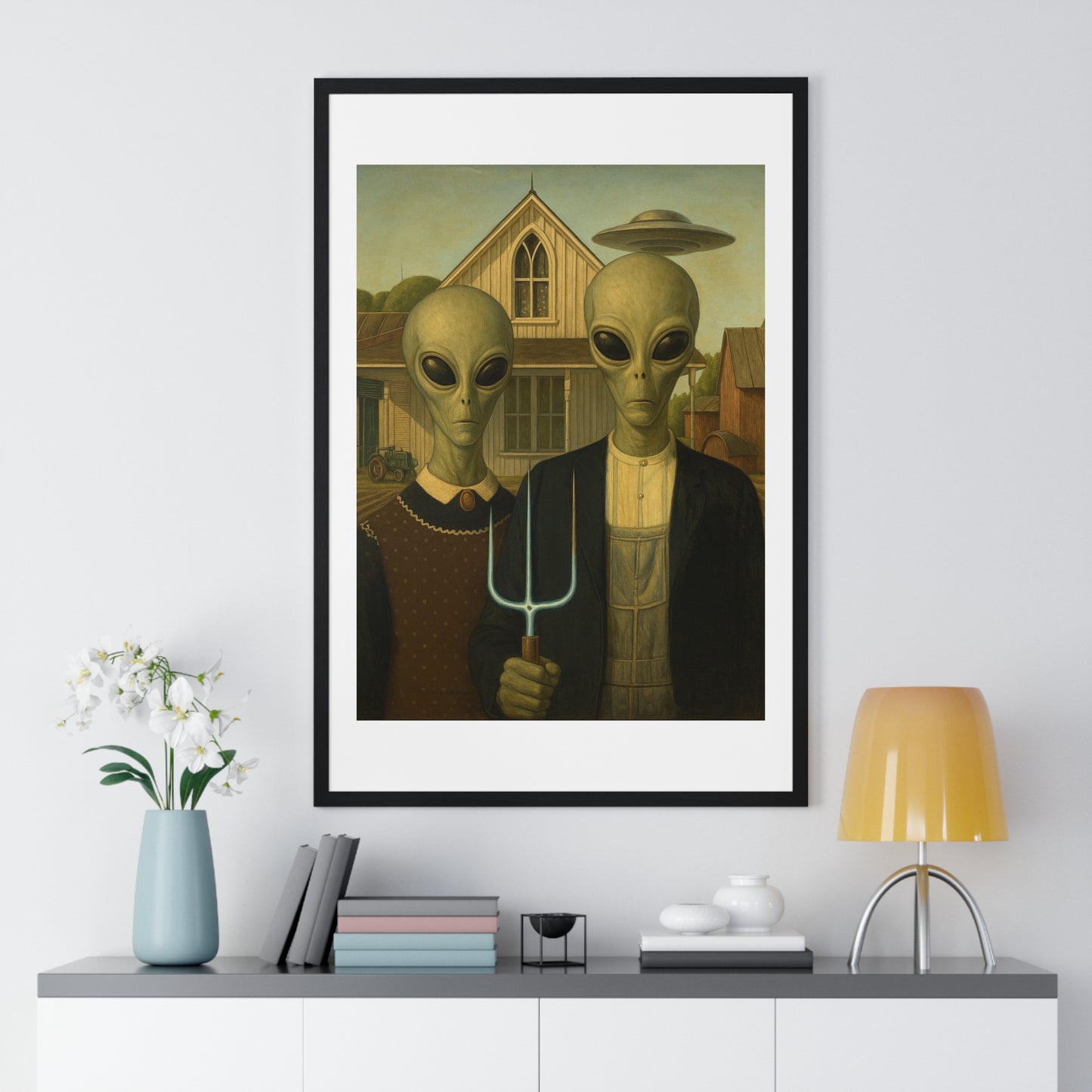American Gothic Remixed, Midwestern American Aliens 'Designed by AI', Framed Art Print