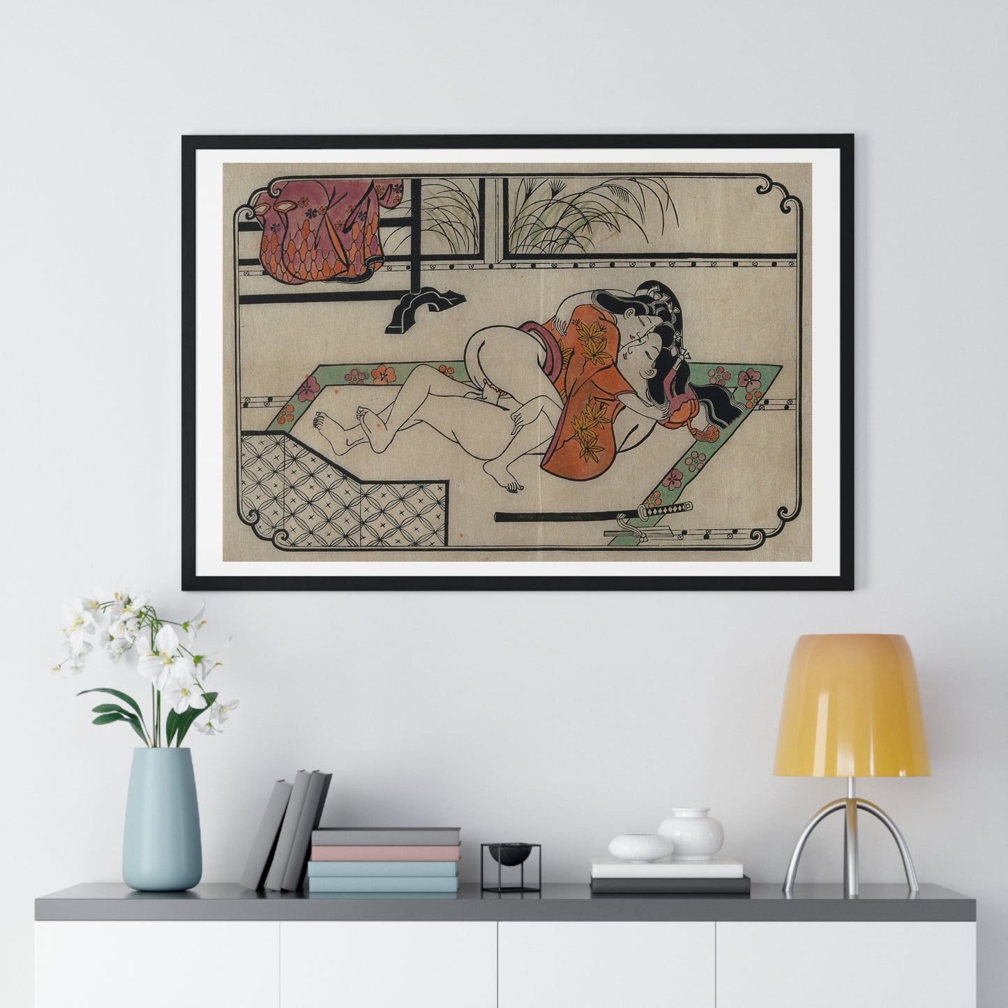 Young Couple Making Love, Coloured Reproduction of a Woodcut by Moronobu (1680s) Framed Art Print