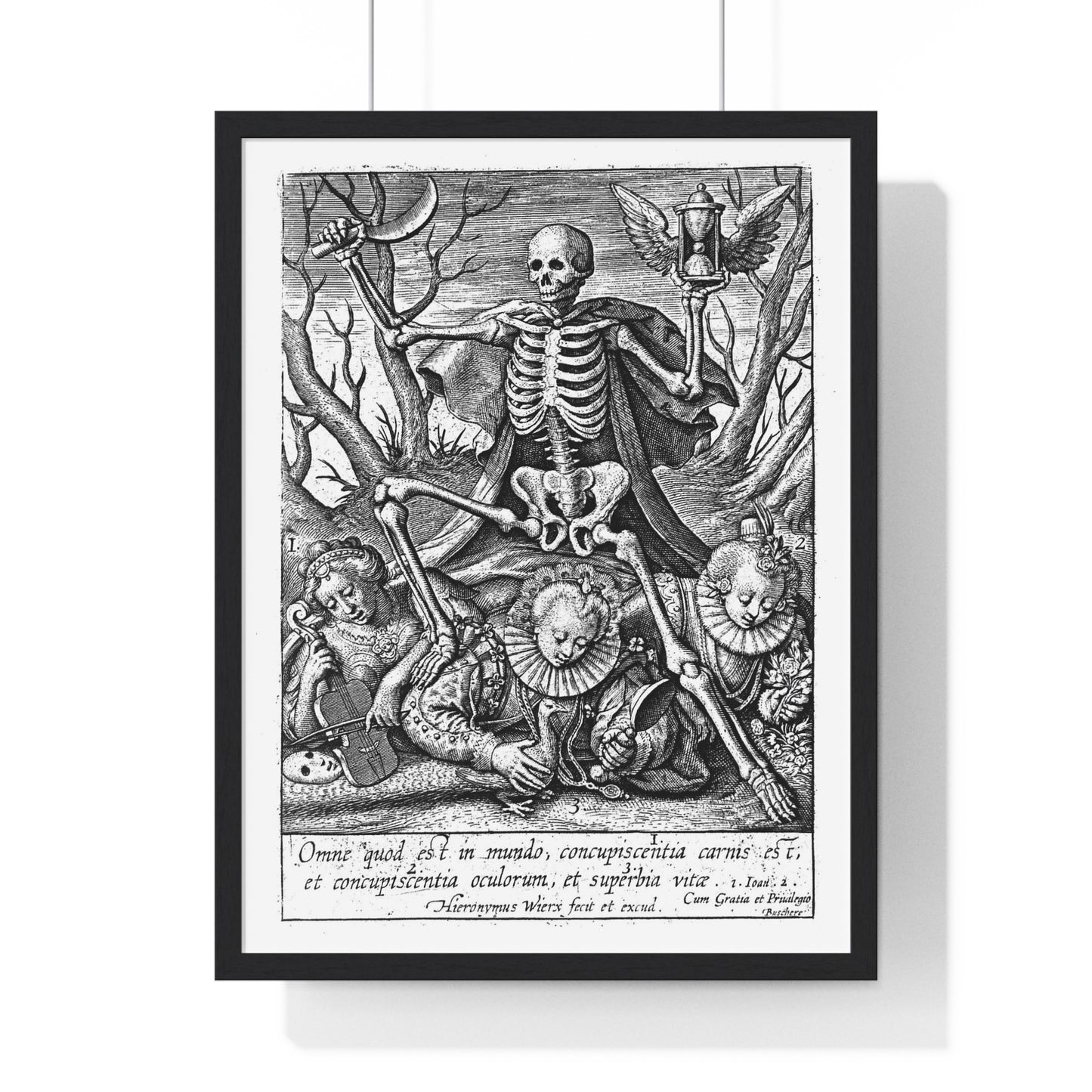 Death Tramples on Three Female Allegorical Figures Representing Sensual Pleasures, Etching by Hieronymus Wierix, Vintage Framed Print