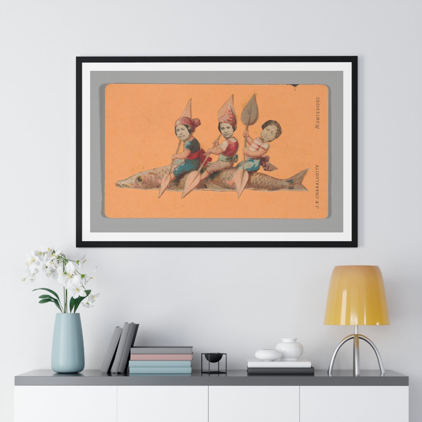 Uruguayan Photo Collage, Three People Holding Oars, Sitting on a Large Fish (circa 1875) Framed Art Print