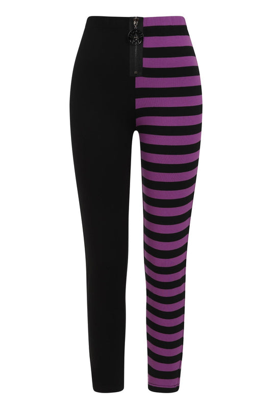 Banned Half Black-Half Stripes Leggings in Purple