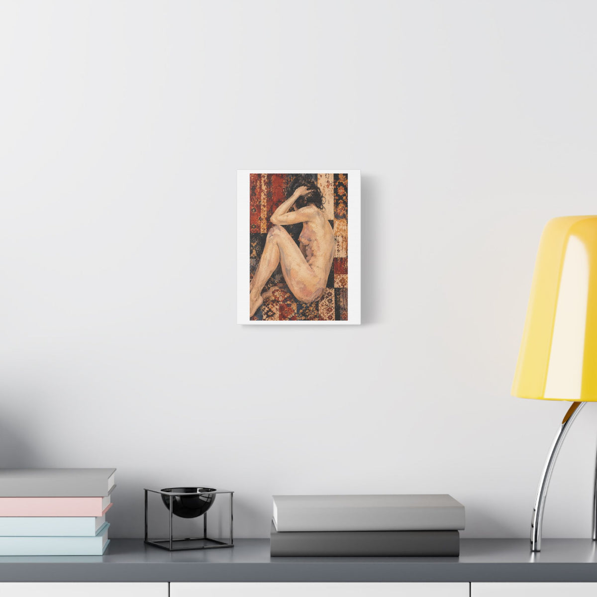 Textured Contemplative Figure Against Ornate Tapestry, Art Print on Satin Canvas, Stretched