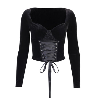 Gothic Dark Velvet Women's Tie-Up Long Sleeve Top