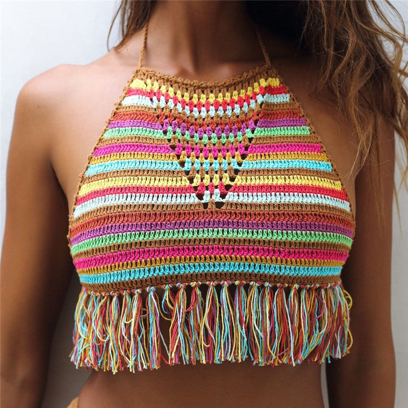 Crochet Colour Stripes Boho Chic Bikini Top with Tassels