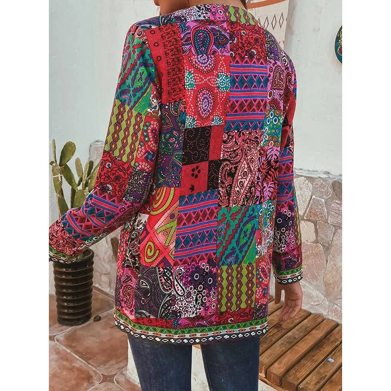 Women's Retro Ethnic Print Long-Sleeve Midi Jacket