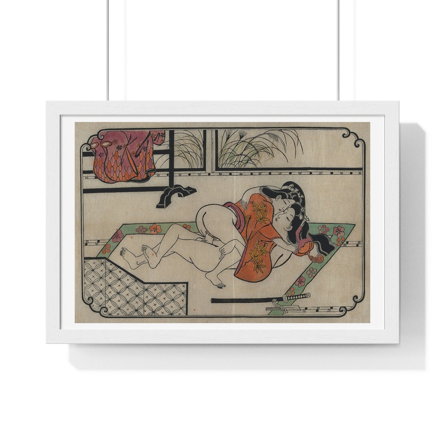 Young Couple Making Love, Coloured Reproduction of a Woodcut by Moronobu (1680s) Framed Art Print