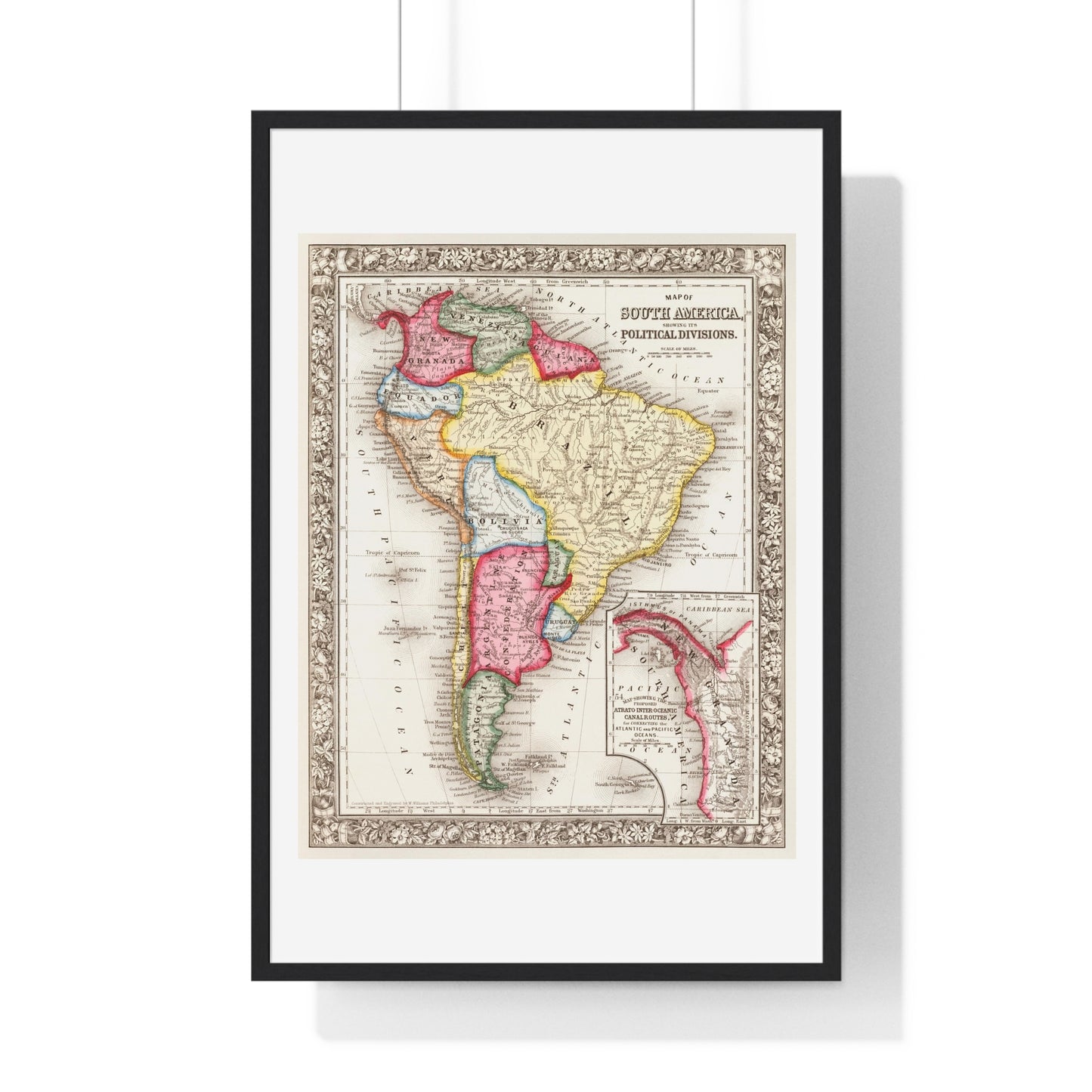 Antique Map of South America, Showing its Political Divisions (1863) by Samuel Augustus Mitchell, from the Original, Framed Art Print