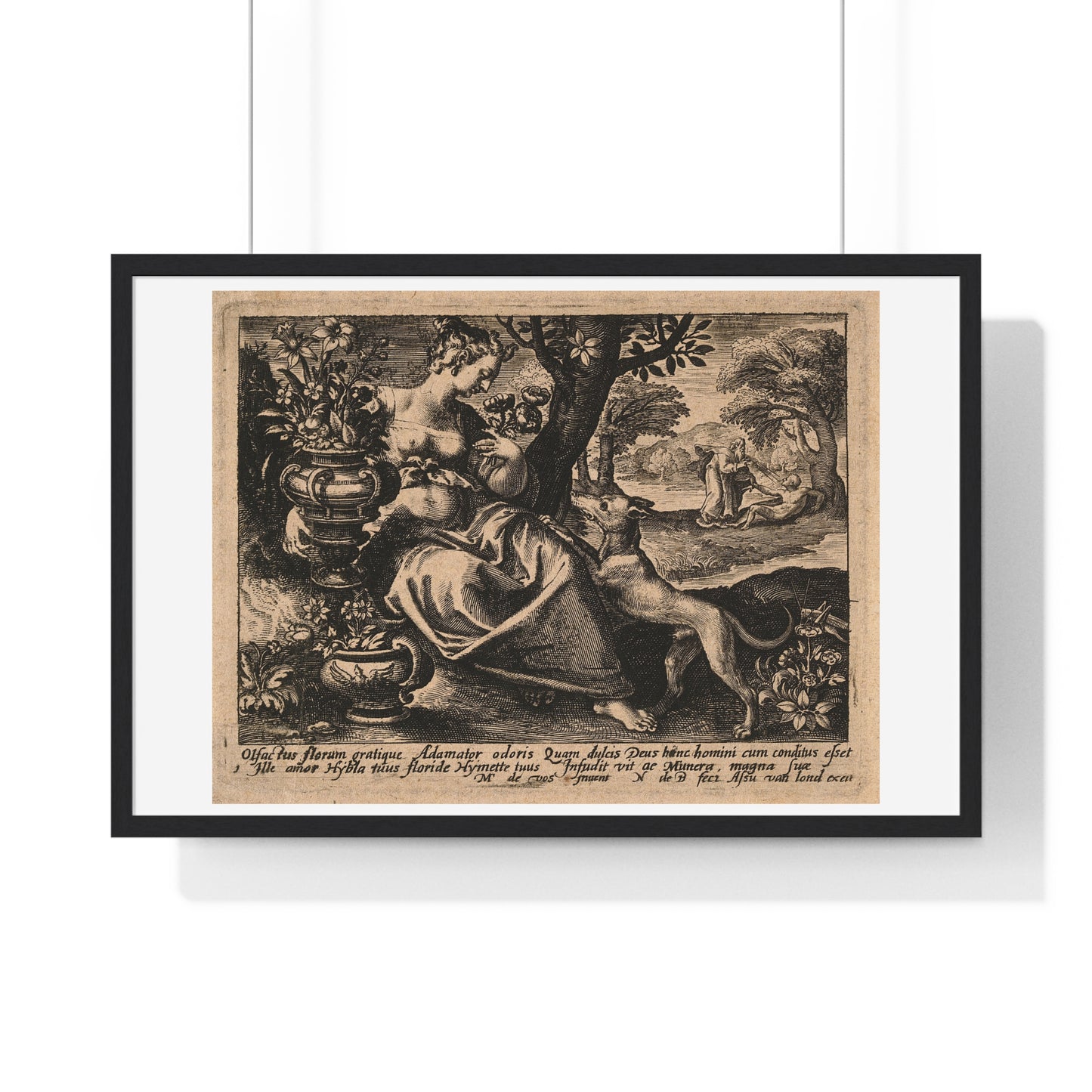 Woman in a Garden with Flowers, God Blows Spirit into Adam's Body, Reproduction Flemish Engraving, Framed Art Print
