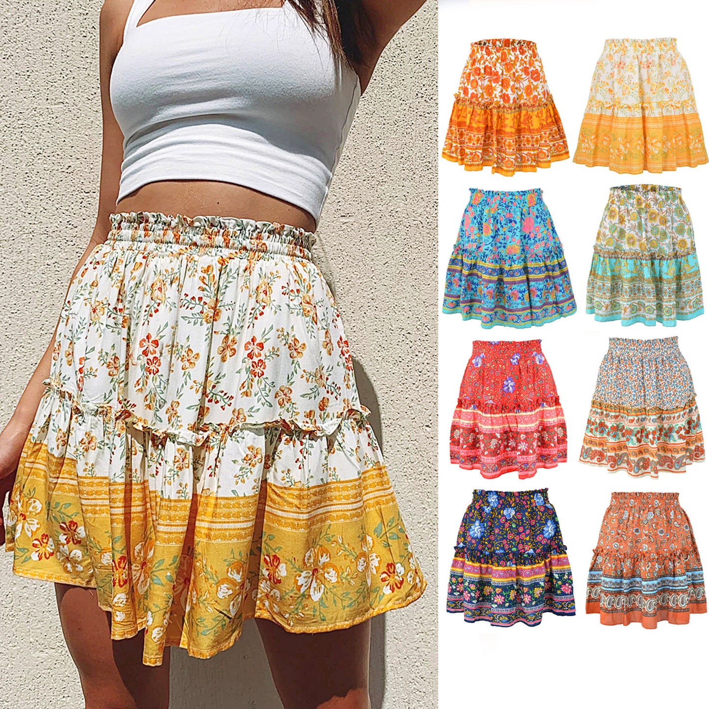 Vireous Bohemian Flower Print Mini Skirt, High Waist Ruffle Skirt