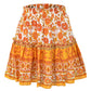 Vireous Bohemian Flower Print Mini Skirt, High Waist Ruffle Skirt