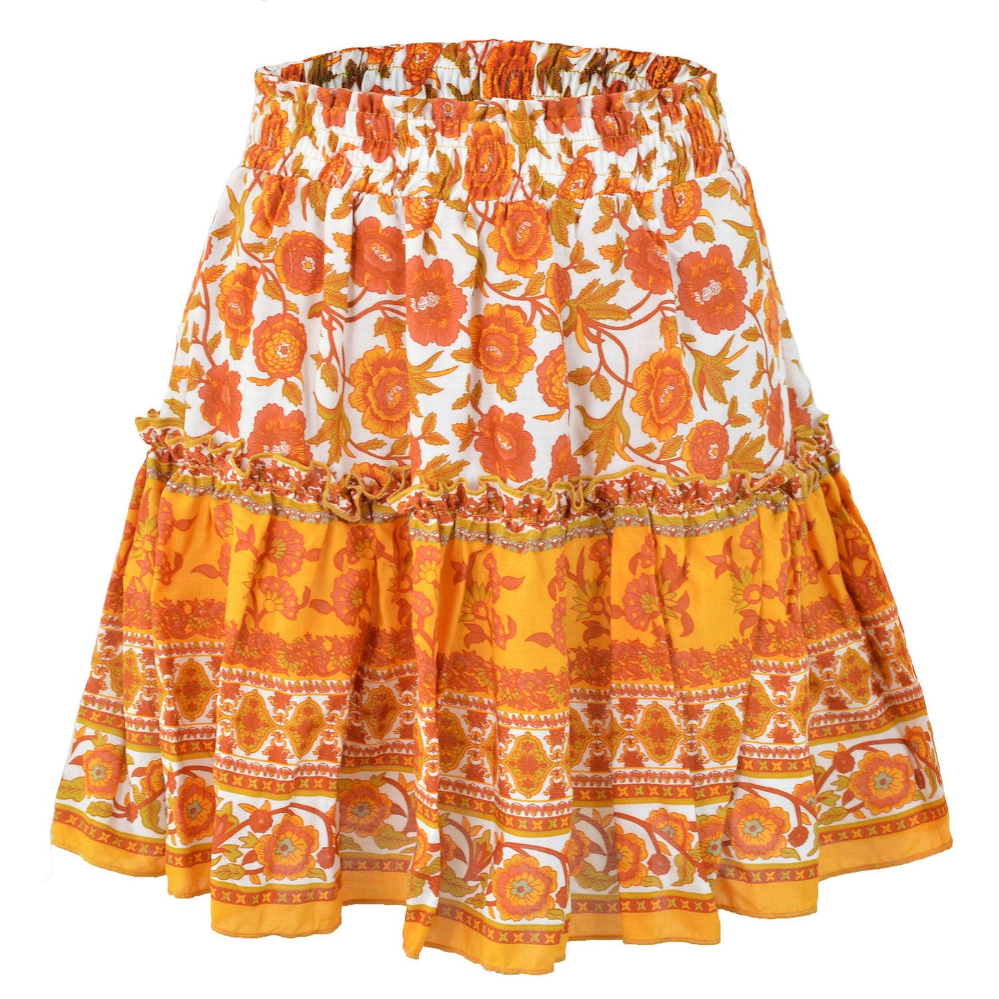 Vireous Bohemian Flower Print Mini Skirt, High Waist Ruffle Skirt