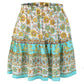 Vireous Bohemian Flower Print Mini Skirt, High Waist Ruffle Skirt