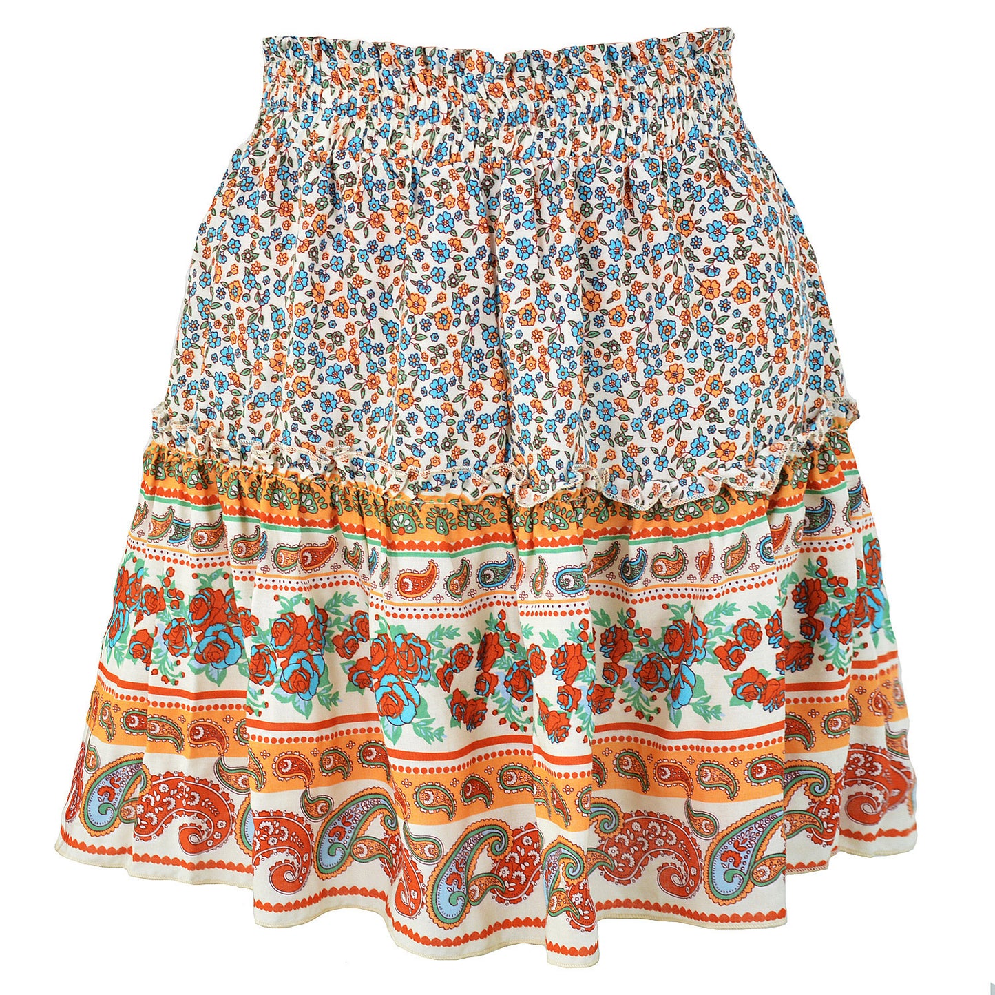 Vireous Bohemian Flower Print Mini Skirt, High Waist Ruffle Skirt