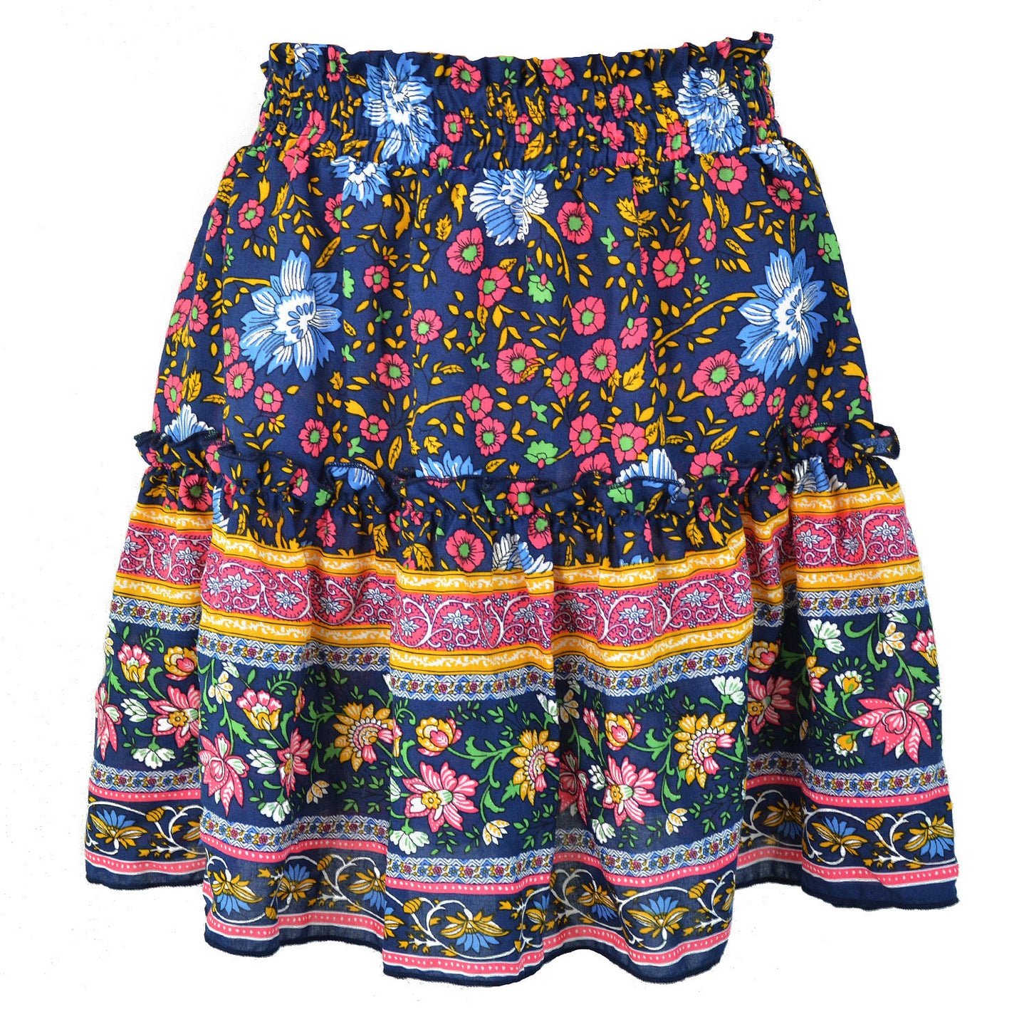 Vireous Bohemian Flower Print Mini Skirt, High Waist Ruffle Skirt