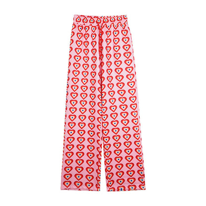 Women's Heart Print High Rise Wide-Leg Cotton Trousers