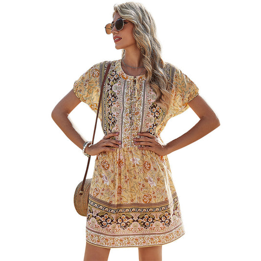 Vireous Floral Print Boho Holiday Style Dress