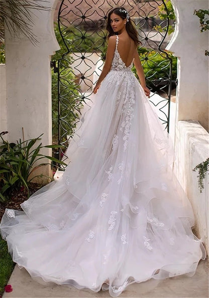 Slim Suspender Sheer Wedding Dress with Full-Length Train