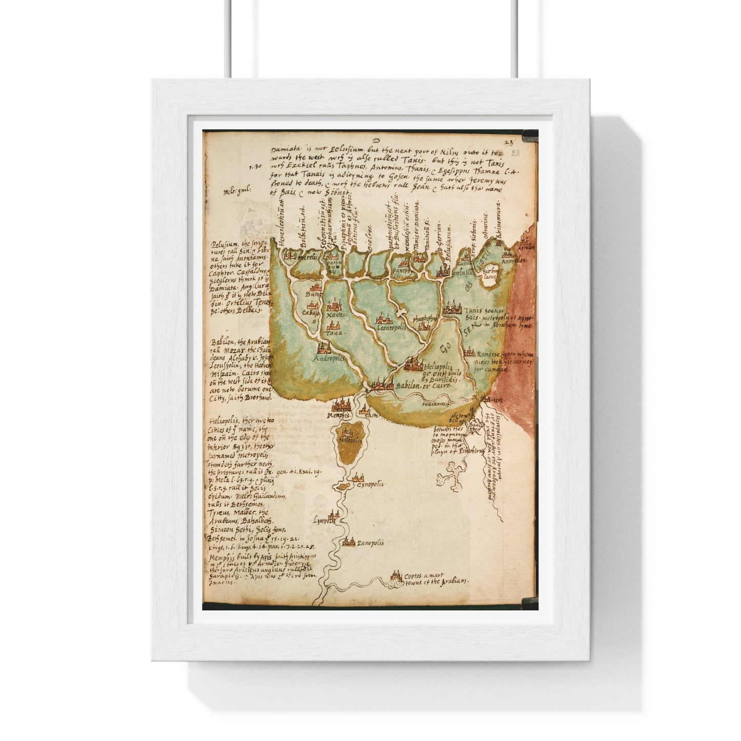 Antique Map of Lower Egypt (circa 1607) from the Original Sir Walter Raleigh Manuscript, Framed Print