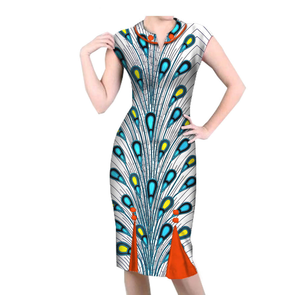 African-Style Peacock Print V-Neck Midi Dress