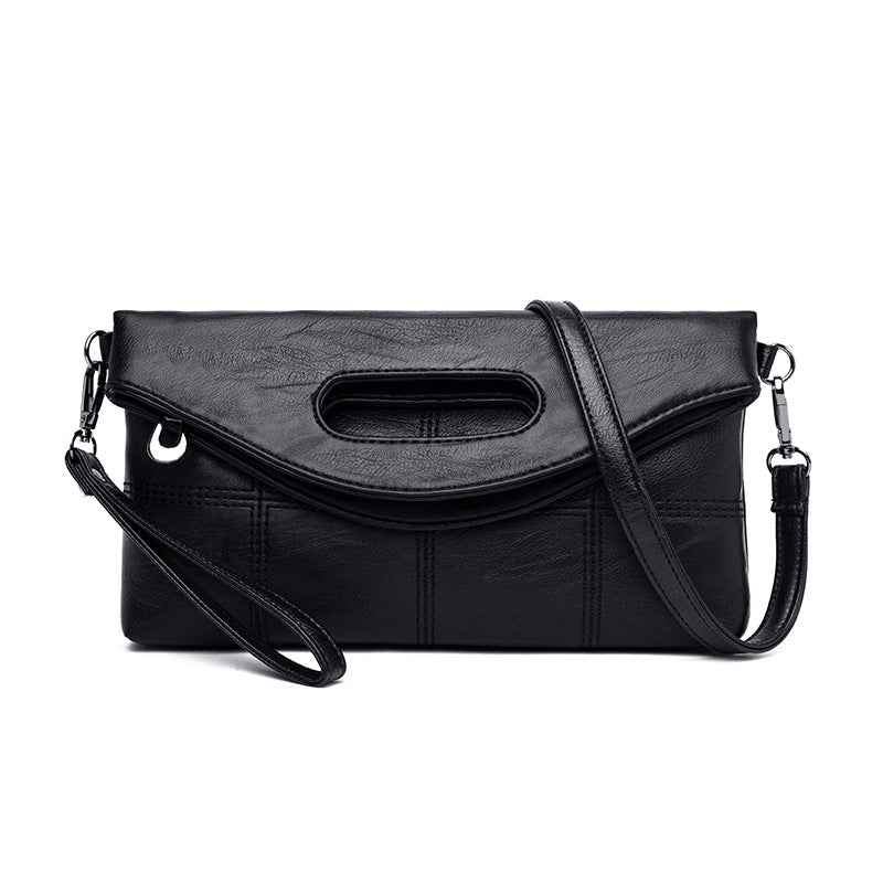 Classic Black Leather Clutch Bag, Large Capacity Handbag Folding Diagonal Bag